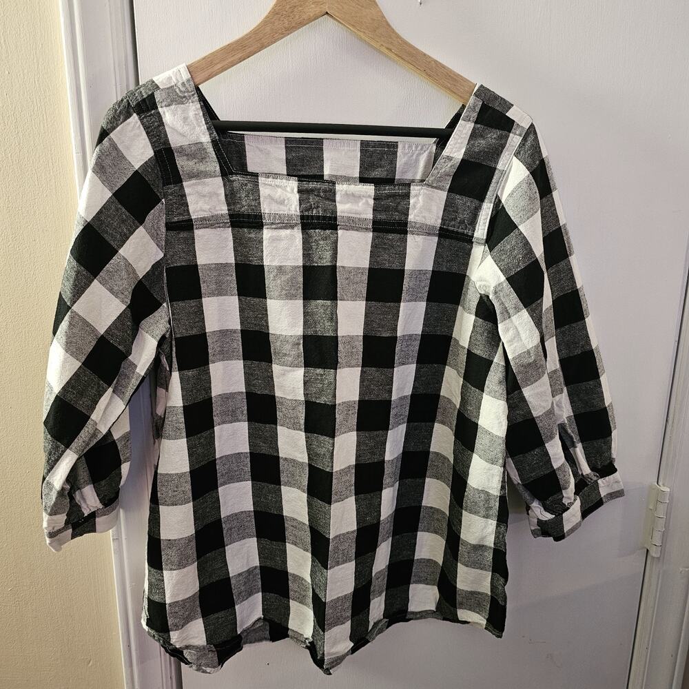 Womens Black & White Buffalo Plaid Cotton Linen Top Sz 12/14 Lagenlook Cottage